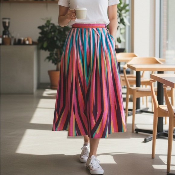 Tsumori Chisato Diagonal Striped Midi-Length Skirt Size 2 Elastic Waistband - Picture 4 of 14